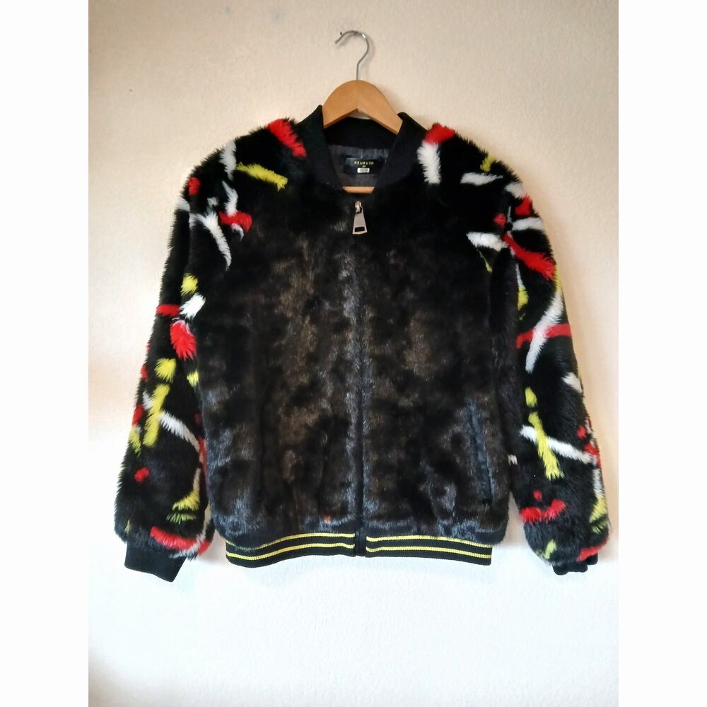 Heurueh Real People Faux Fur Bomber Jacket Black Designer Graffiti Back - Picture 3 of 8